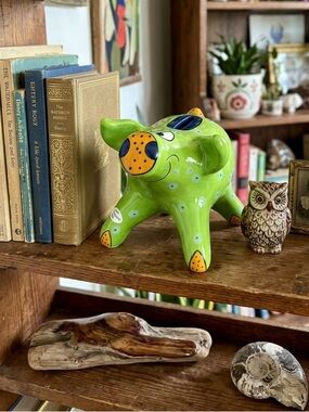 GANZ Piggy Bank Hand Painted Signed by Pati 
Lime Green  7x6x5 Quirky Cute Pig